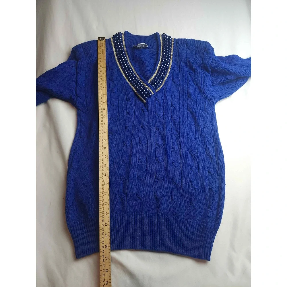 Eminent Vintage Royal Blue Cable Knit Pearl Beaded V-Neck Sweater Small Womens